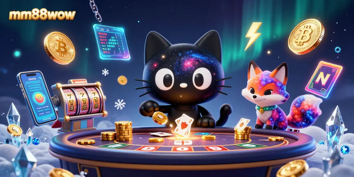 Experience thrilling wins at mm88wow, with a cosmic casino featuring a black hole cat and golden chips.