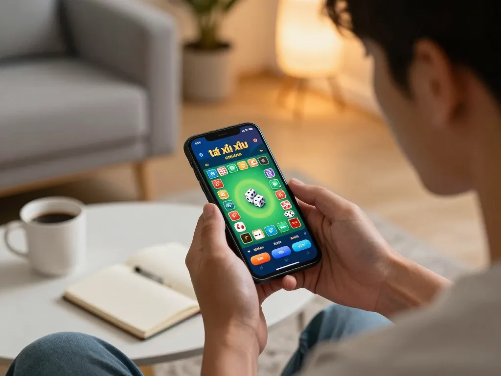 Engaged player using the app tài xỉu online on smartphone during a cozy gaming session.