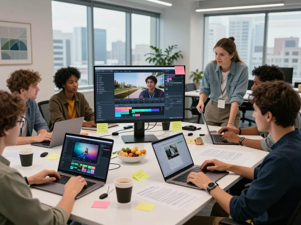 Team collaborating on Seedance AI video production at modern workspace
