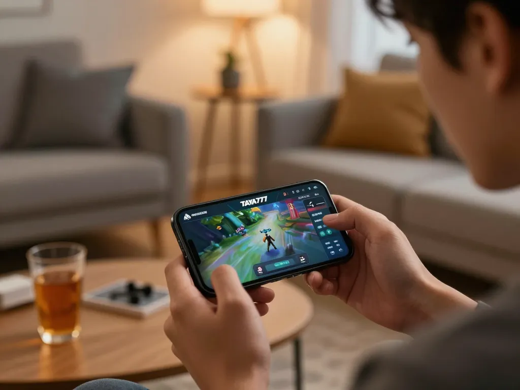 Engaging with the taya777app for online gaming in a cozy living room setting.