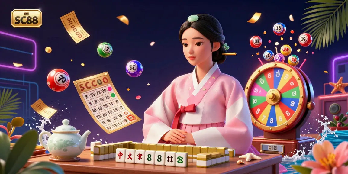 Engage with SC88 in a vibrant digital casino scene featuring colorful lottery balls, dynamic prize elements, and a serene dealer.
