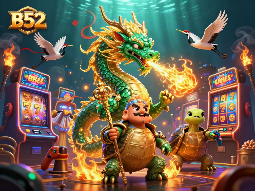 Spin to win with B52 as a jade dragon and lucky cranes illuminate the casino.