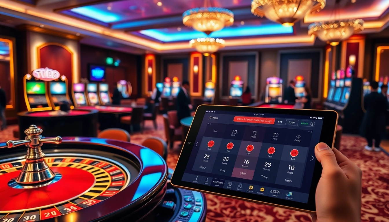 TK88 Casino vibrant scene with slot machines and poker tables filled with action.