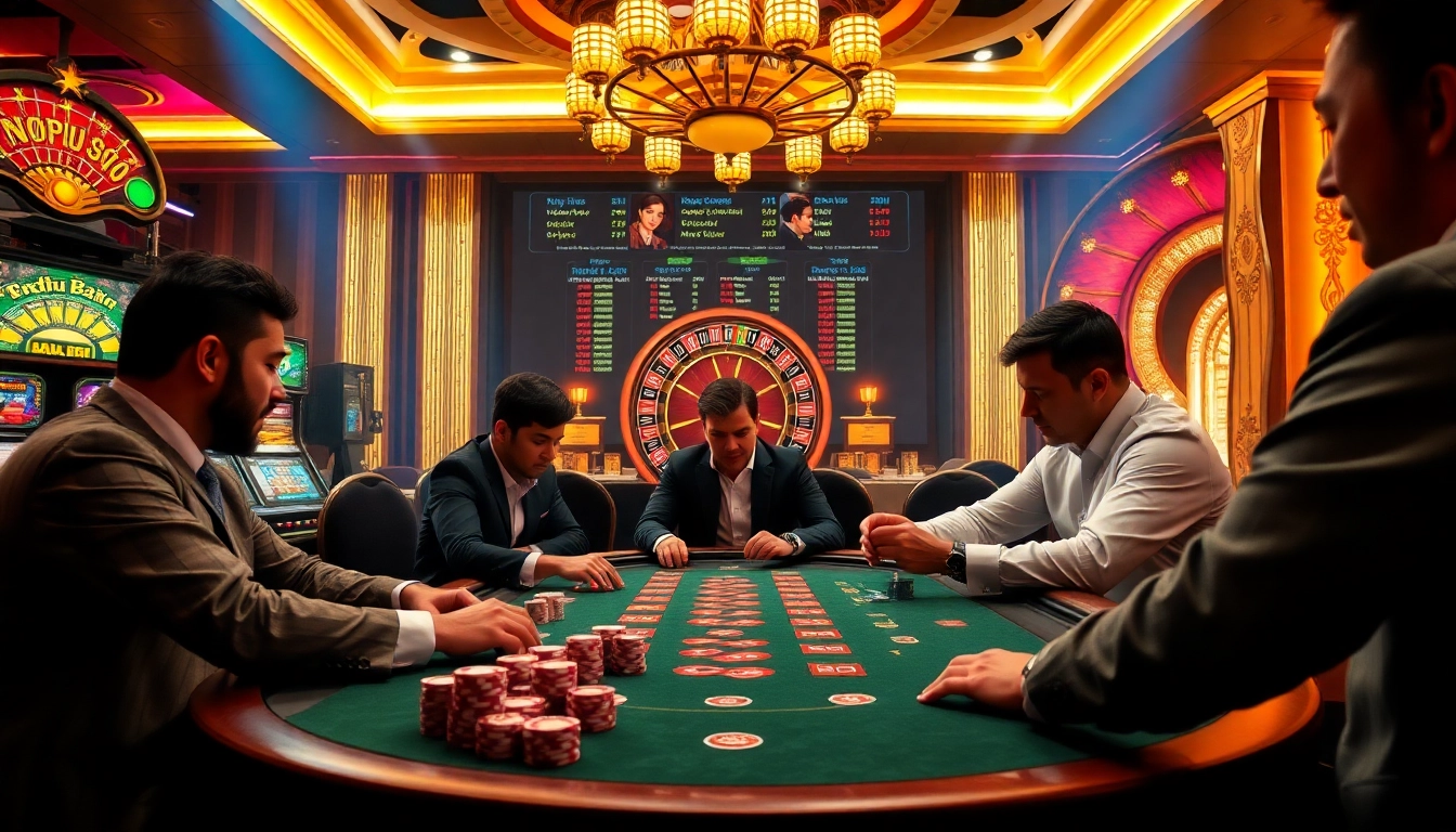 Nohu 90 poker players strategizing at a luxurious casino table with vibrant slot machines in the background.