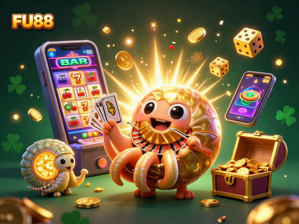 Experience the excitement of FU88 casino with dynamic games and vibrant graphics in this captivating illustration.