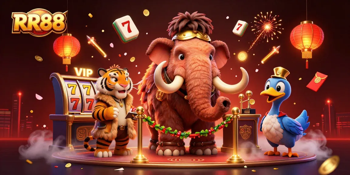 Experience the dynamic excitement of RR88 with a vibrant 3D casino bouncer, slot reels, and lucky symbols.