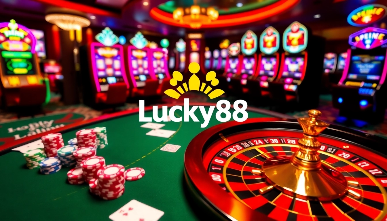 Experience the luxury of Lucky88 with vibrant gaming tables and exciting slot machines.