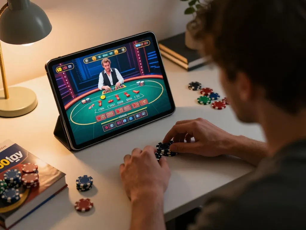 Engaging online gaming moment at home with 789betgo tablet display and strategic poker elements