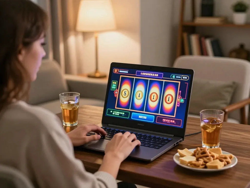 Play exciting slots at LV88 with a cozy home gaming setup, showcasing vibrant reels and engaging gameplay