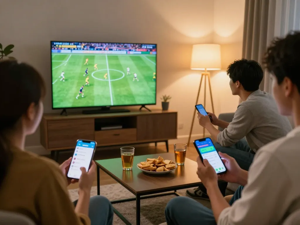 Friends excitedly placing bets on Bongdalu during a live soccer game in a cozy living room.
