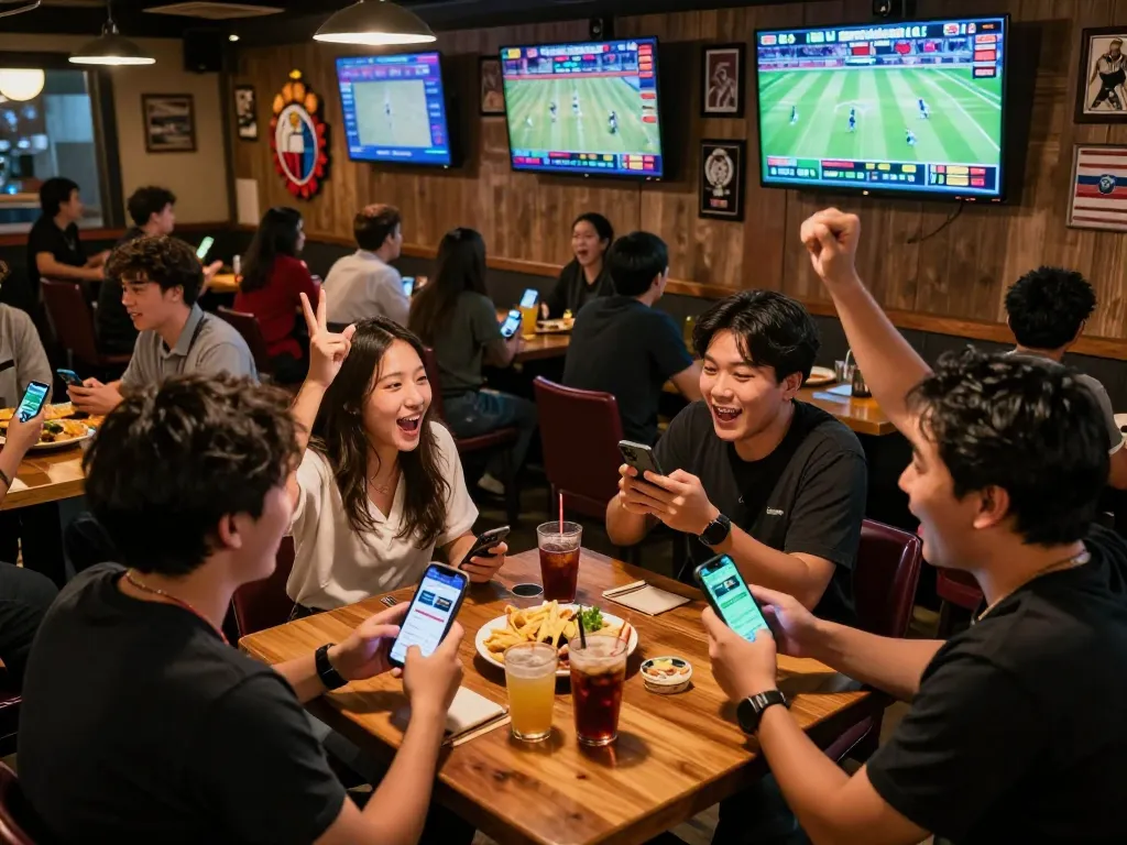 Excited friends watching sports and placing bets on their smartphones at keonhacaii88 in a vibrant bar.