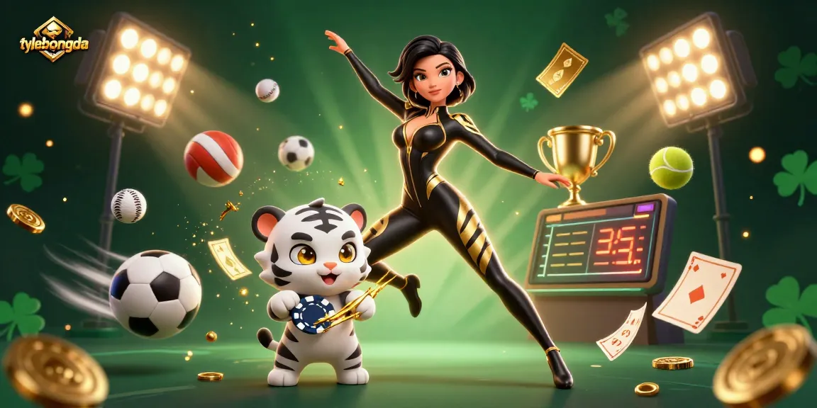 Engage with tylebongda's dynamic betting scene featuring a stunning acrobat and playful tiger amidst sports excitement.