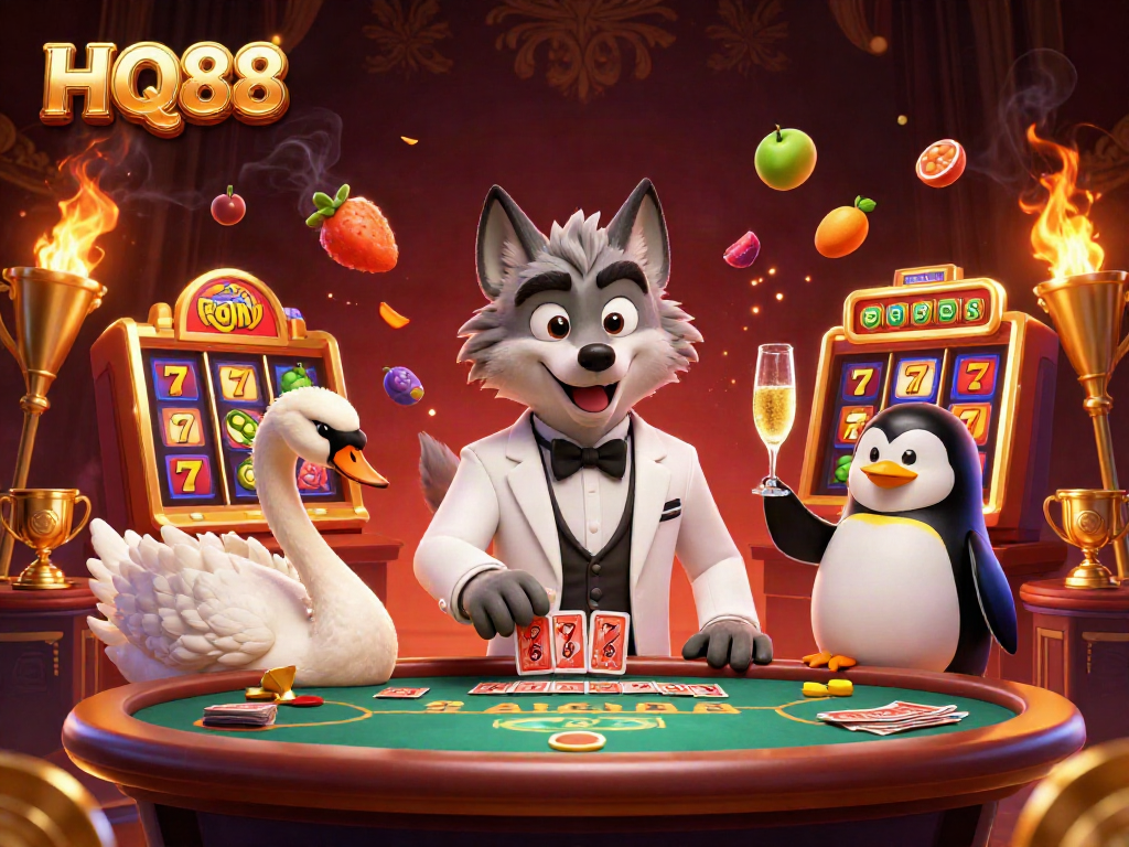 Spin the reels and win big at HQ88 with a lively casino scene featuring animated characters.