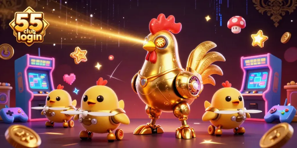 Experience seamless gaming with 55 club login as golden rooster robot energizes the scene.