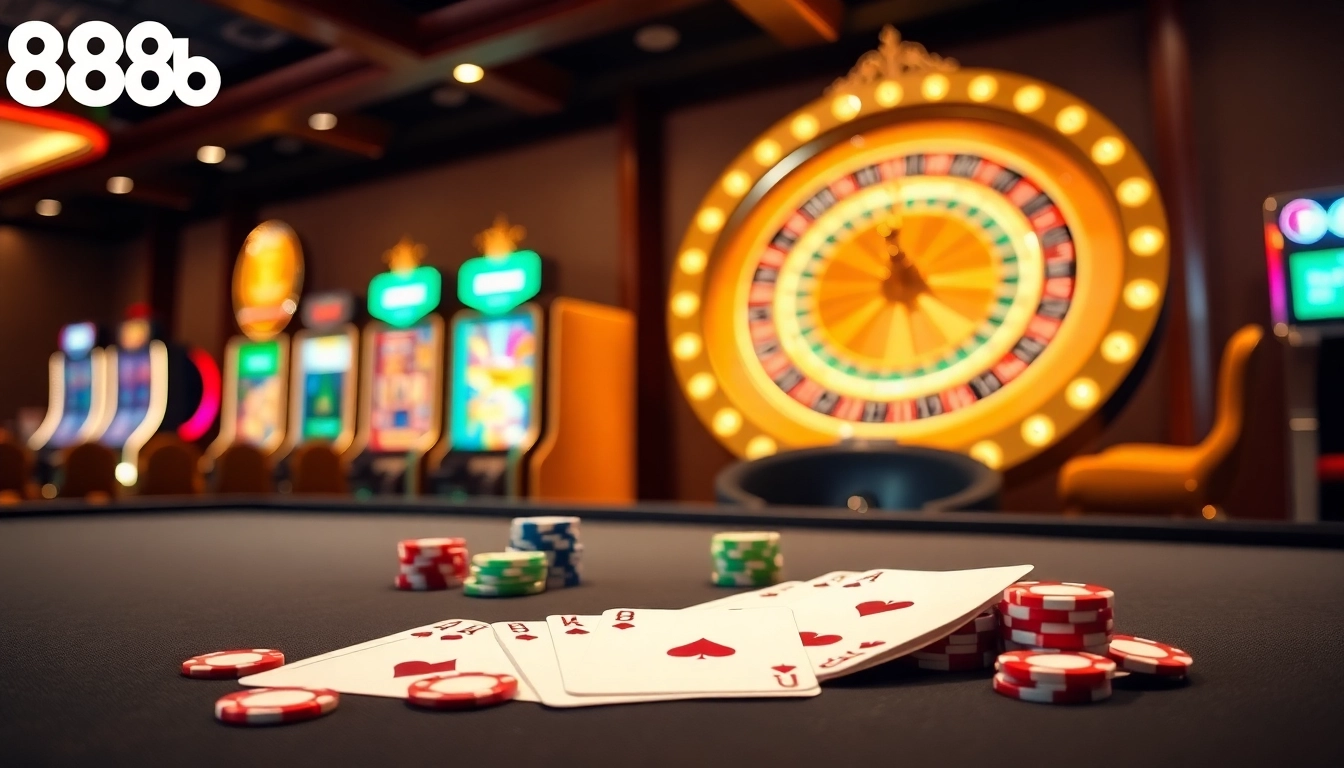 Engaging casino gameplay scene emphasizing strategies with 888b poker chips and roulette.