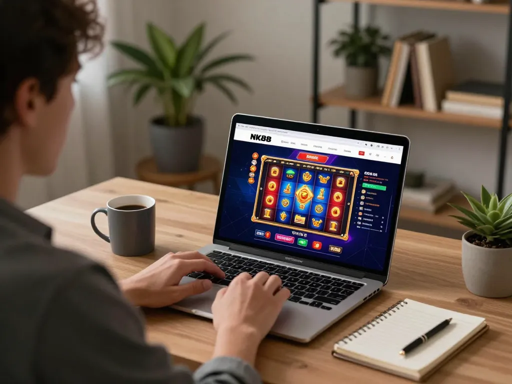 Engaging player exploring NK88 online casino game on laptop at cozy home workspace