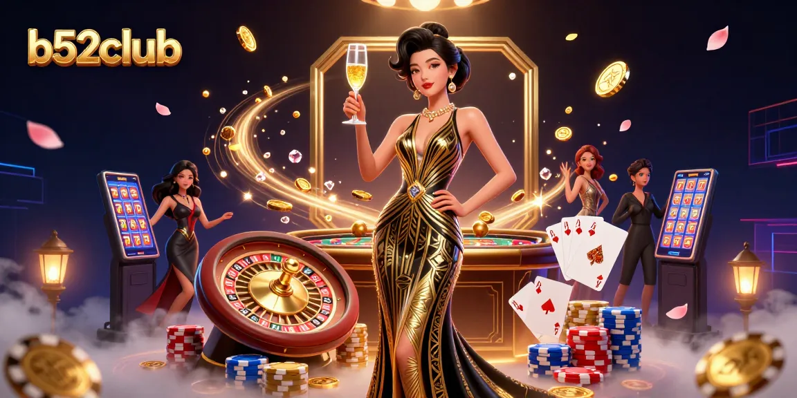 Play at b52club with a glamorous Asian woman enjoying a golden casino experience complete with roulette and cards