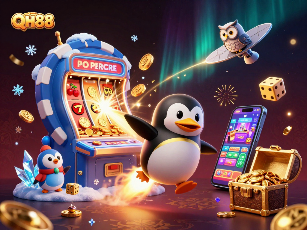 Engage with QH88 adventures in a vibrant 3D casino illustration filled with excitement.