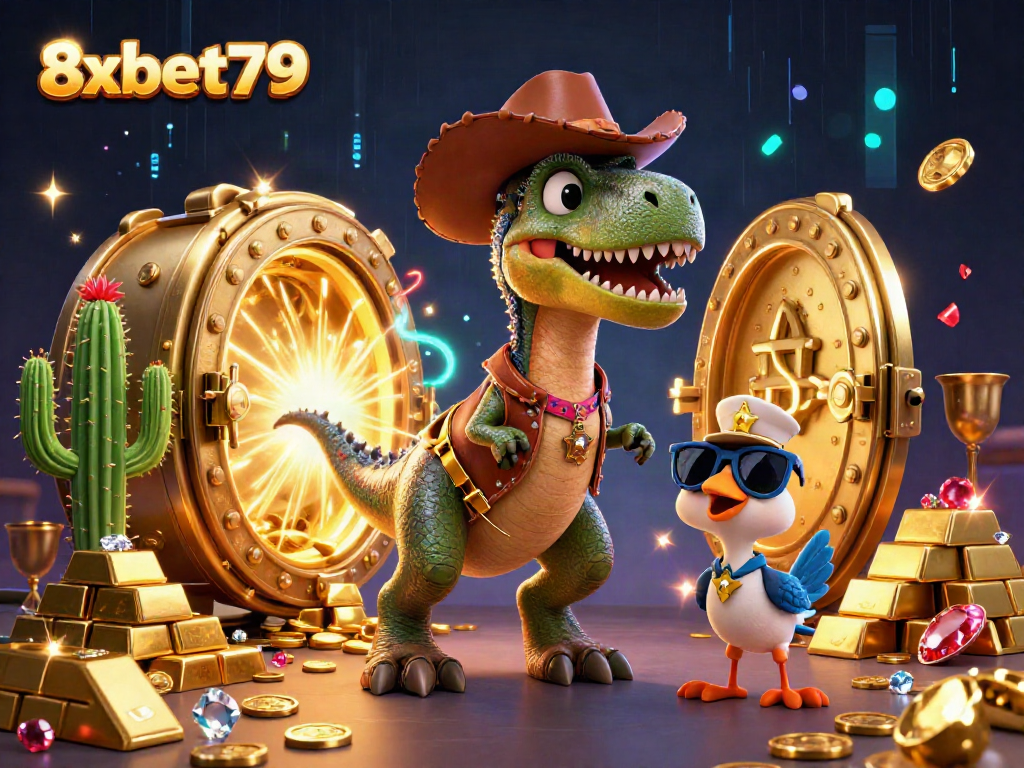 Engage with the thrilling world of 8xbet79 in a vibrant casino scene featuring a cartoon T-Rex and treasures.