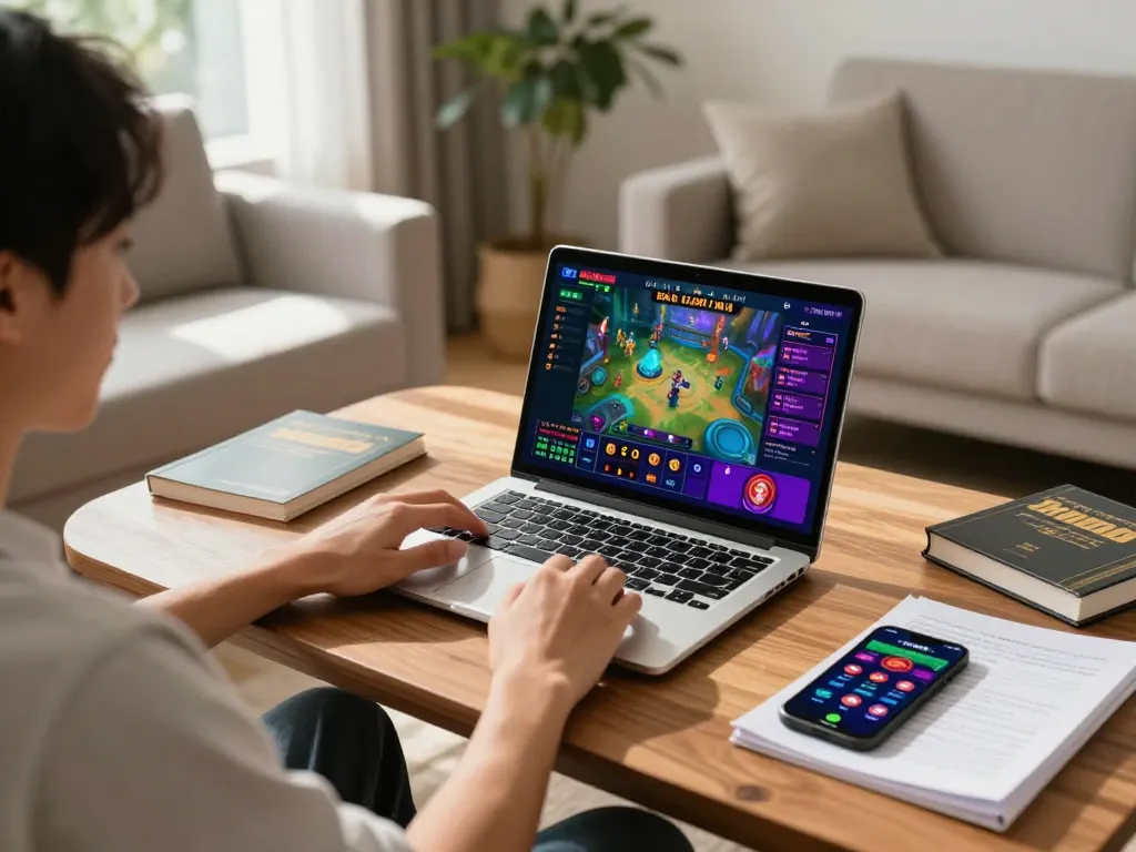 Player enjoying an engaging game bài đổi thưởng on a laptop at home, showcasing a cozy gaming atmosphere.