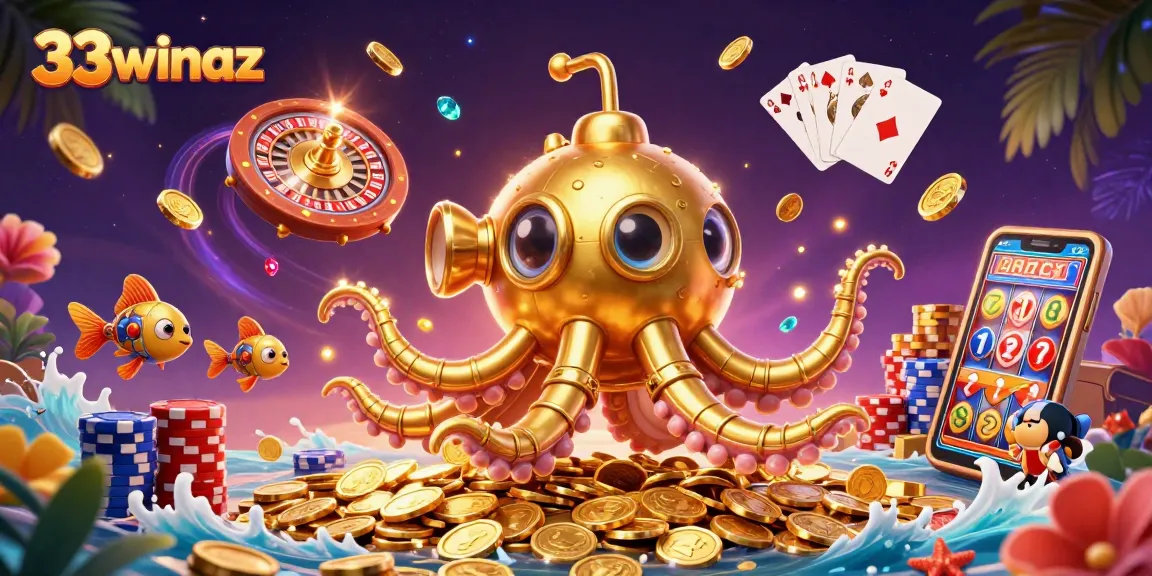 33winaz features immersive gaming with a golden kraken, coins, and vibrant casino elements for exciting play.
