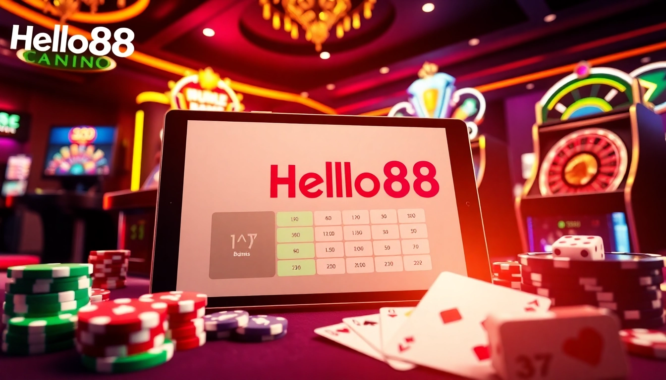 Engaging gaming scene featuring Hello88 online casino, vibrant atmosphere with roulette and poker elements.