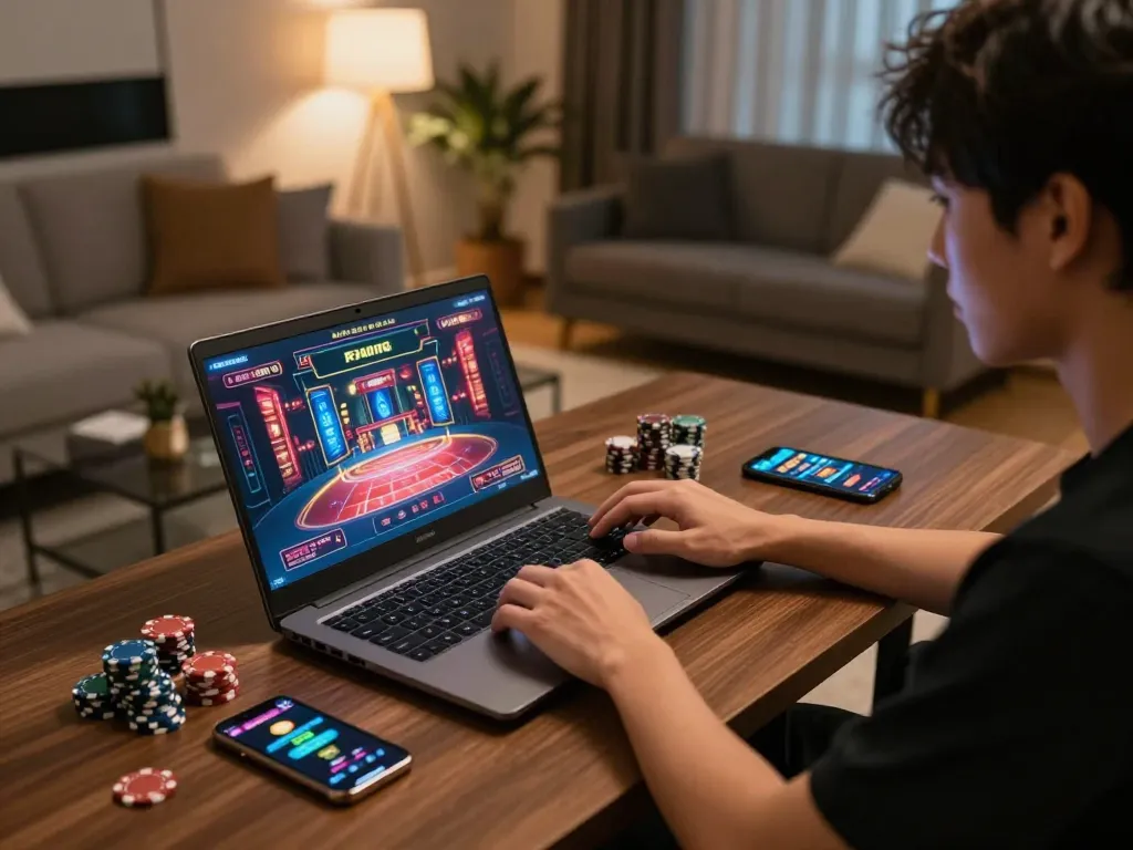 Engaging online gambling session with Nhà cái FIVE88 gaming platform on screen and strategic notes nearby.