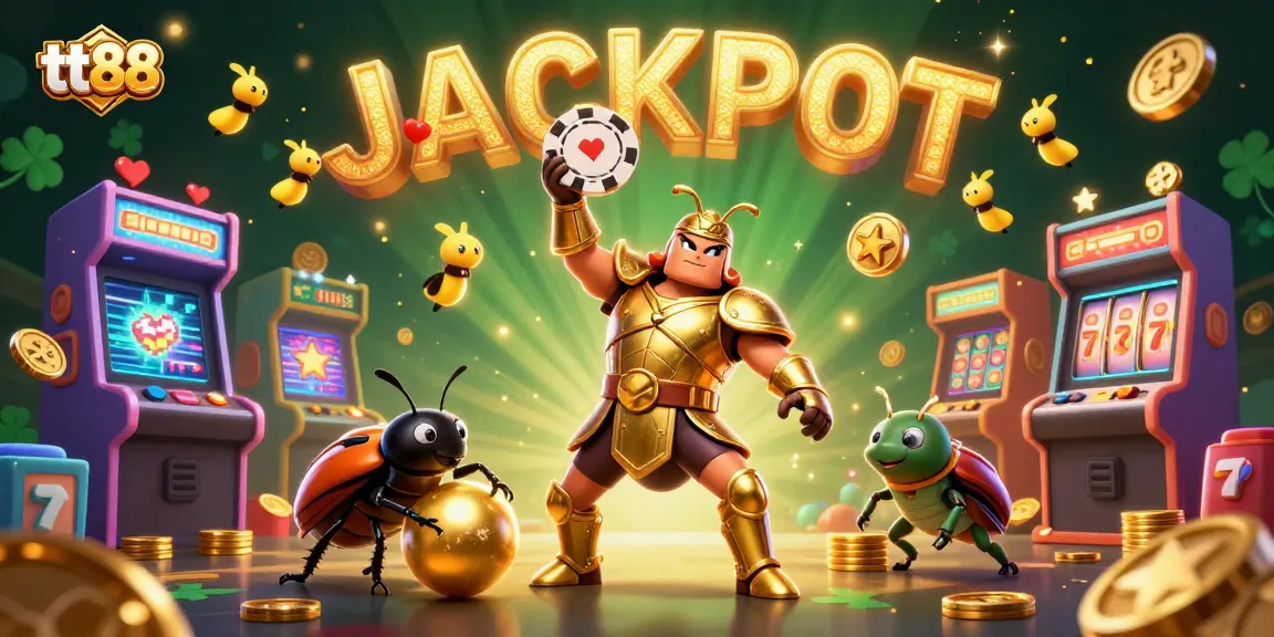 Play the slots and win at tt88 with vibrant casino-themed characters and elements celebrating a jackpot.