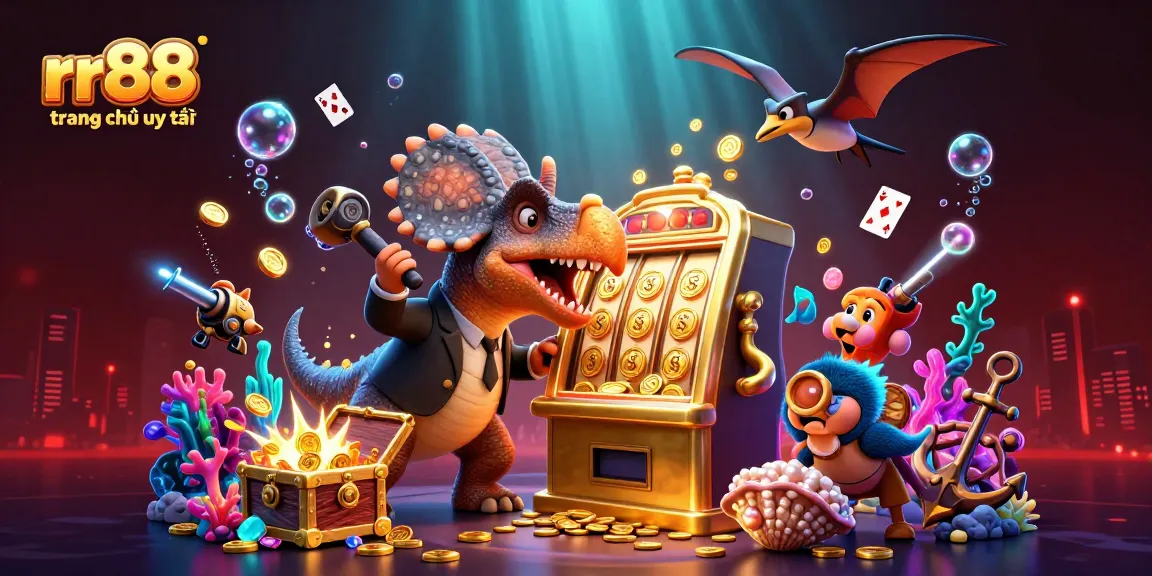 rr88 trang chủ uy tín features vibrant 3D casino scene with a dinosaur and slot machine