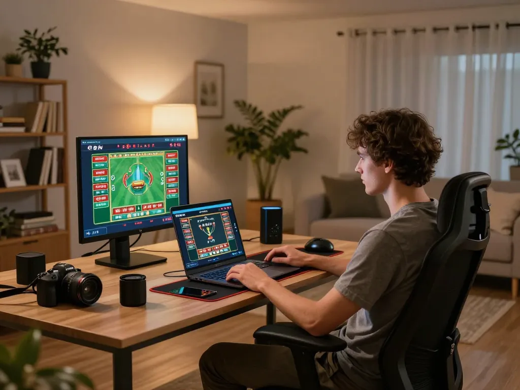 Tỷ lệ kèo nhà cái 5 displayed on a laptop screen during an online sports betting session in a cozy home setup