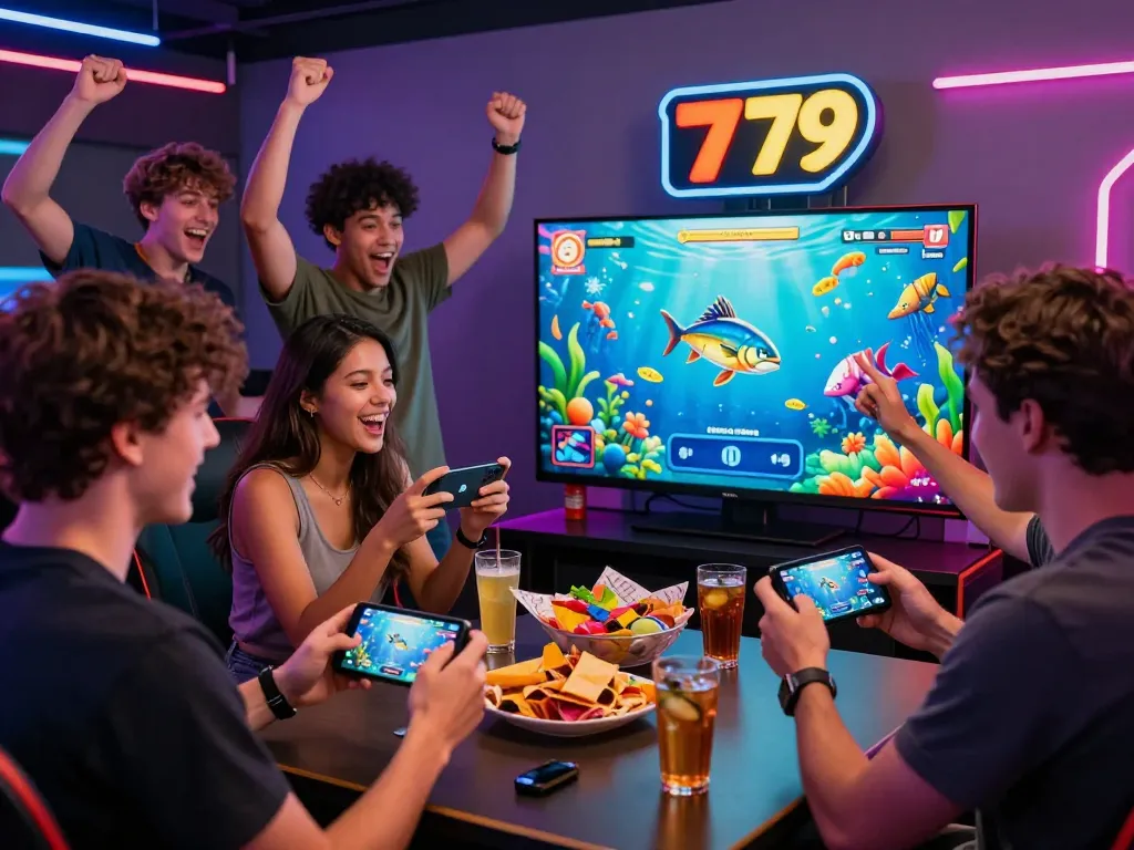 Friends celebrating a win in fun79 fishing game with vibrant visuals and lively atmosphere.