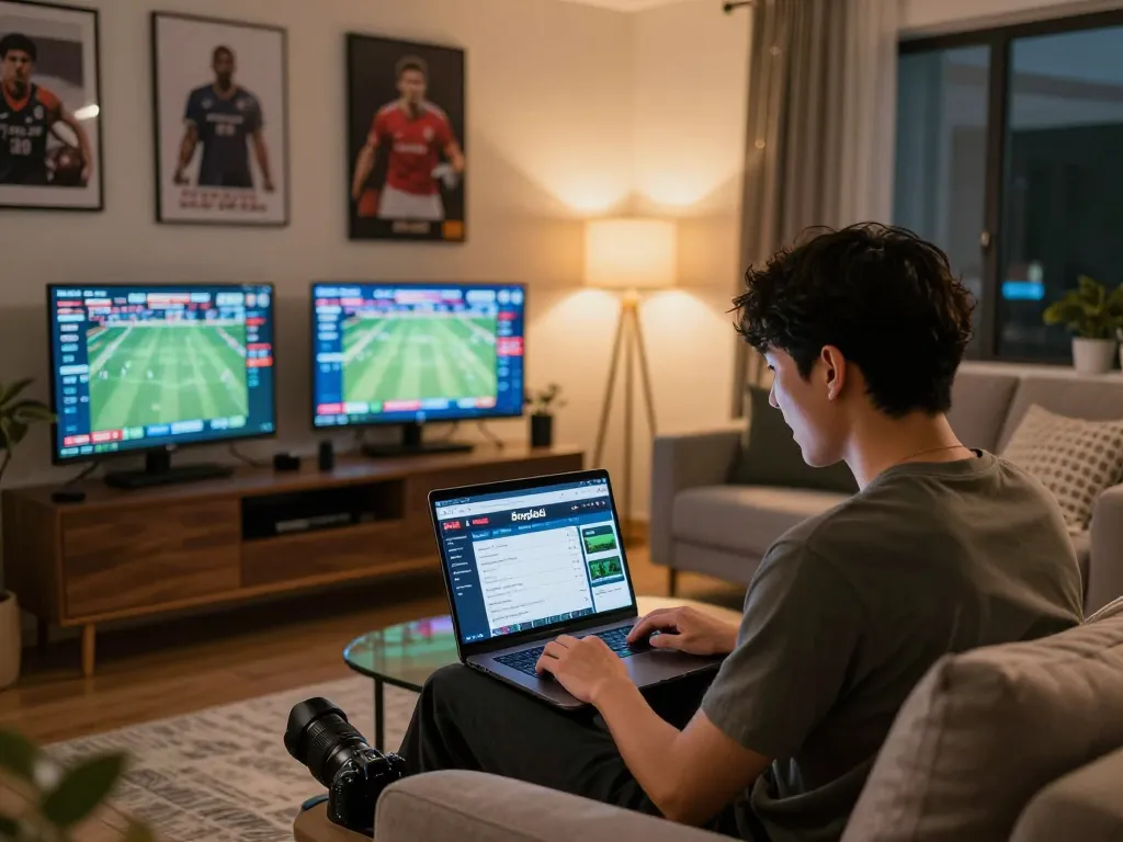 Bongdalu user engaging in live sports betting from the comfort of home, showcasing an interactive laptop interface.