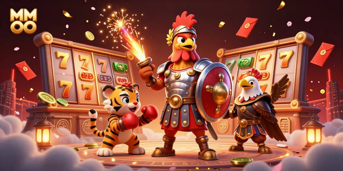 Engage in exciting gameplay at MM OO with a dynamic 3D illustration featuring a gladiator rooster and vibrant casino elements.