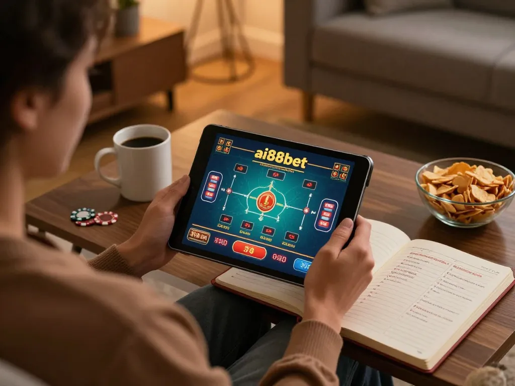Engaging in online gaming at ai88bet with tablet in a cozy living room setting.