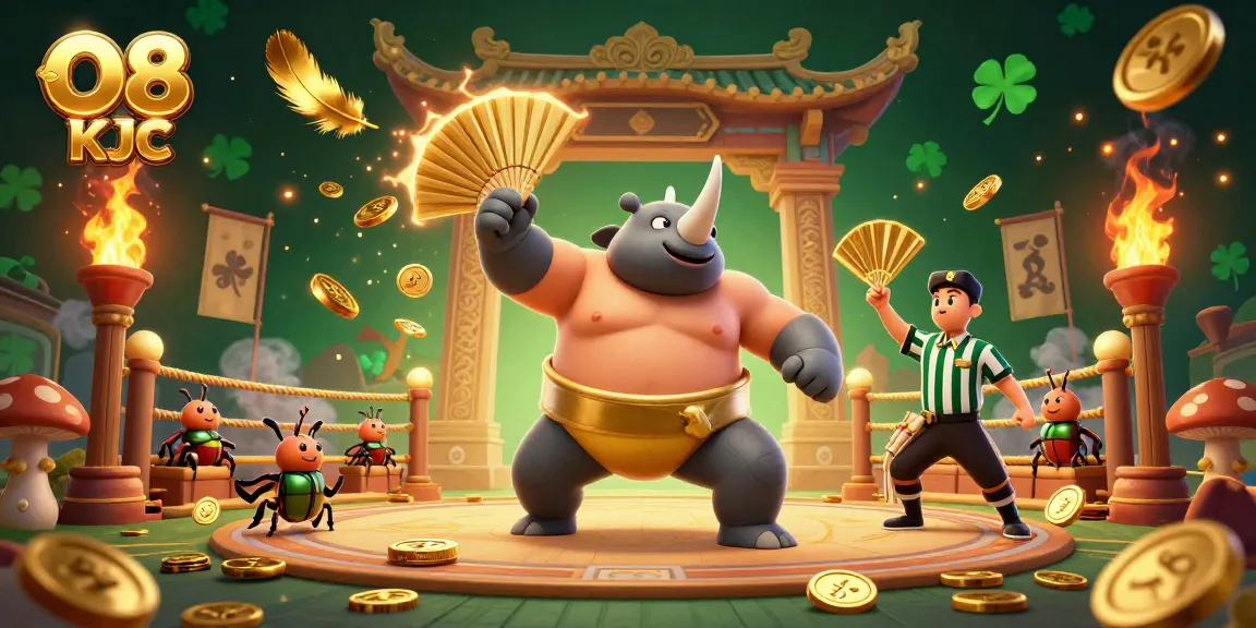 Engage with O8 KJC and witness a dynamic scene of a rhinoceros beetle champion sending coins flying.