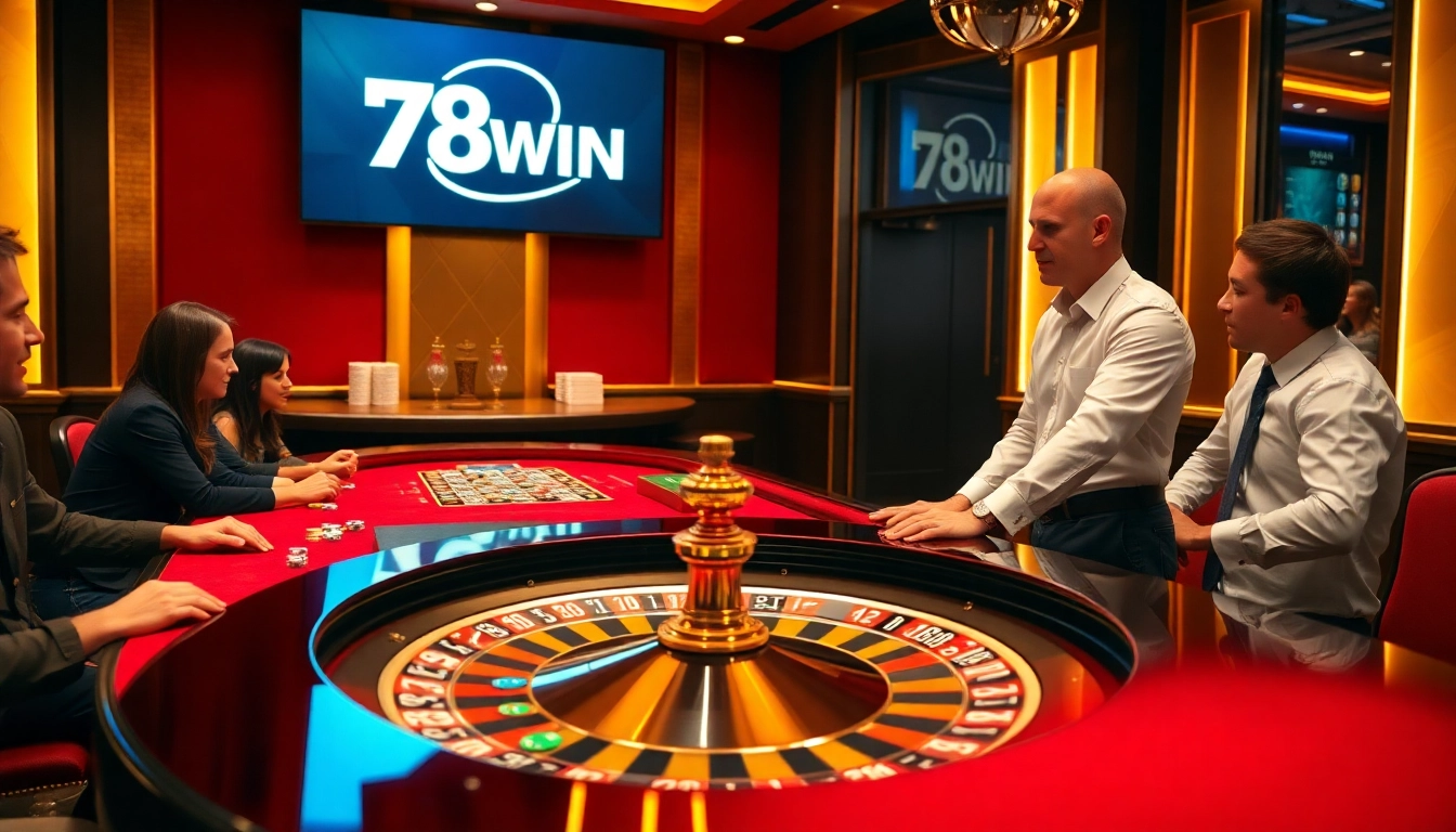 Experience the thrill of gaming at 78WIN with vibrant roulette and poker scenes.