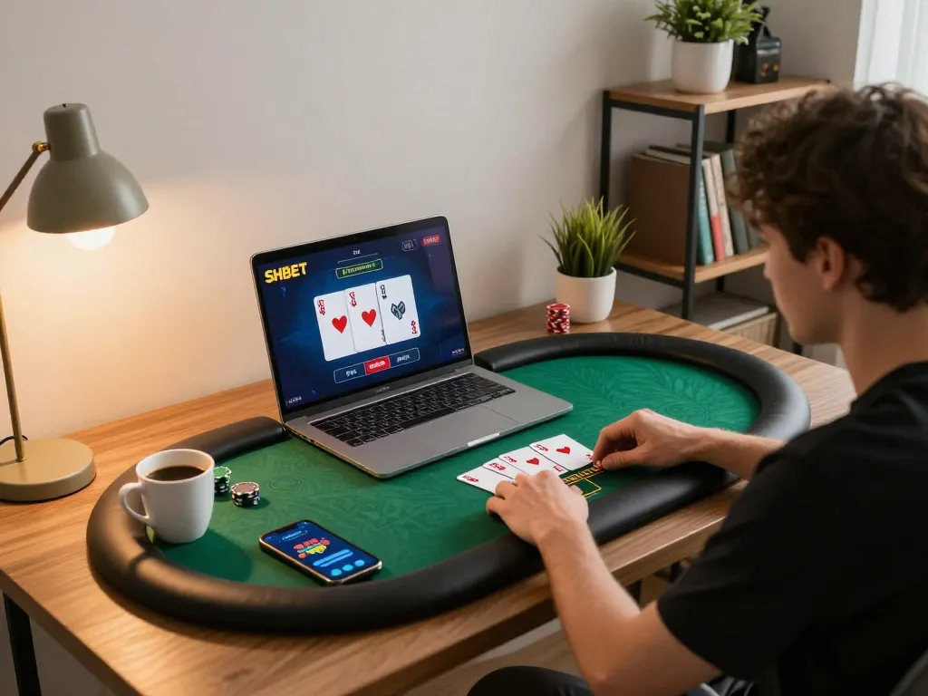 Engaged player enjoying a live dealer game on SHBET, showcasing online gaming experience.