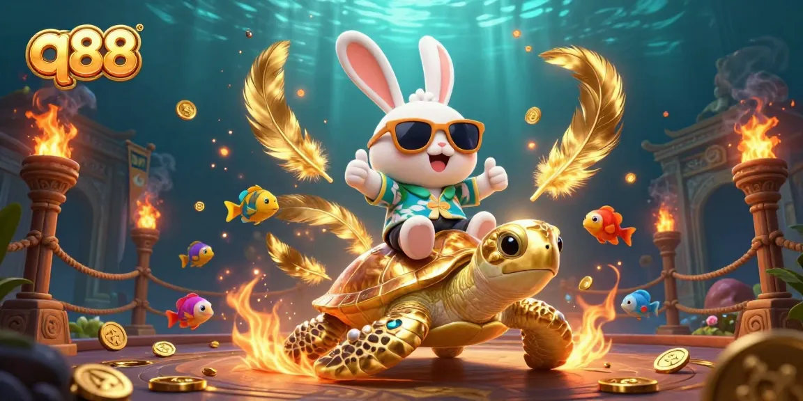 Experience the thrill of q88 gaming with a lucky rabbit and golden turtle in a vibrant underwater casino scene.