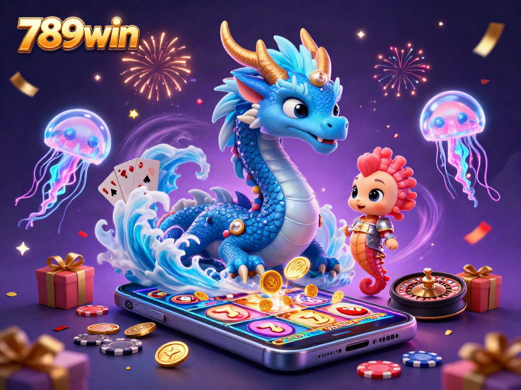 Experience the magic of 789win with a vibrant 3D casino scene showcasing dragon and slot games.