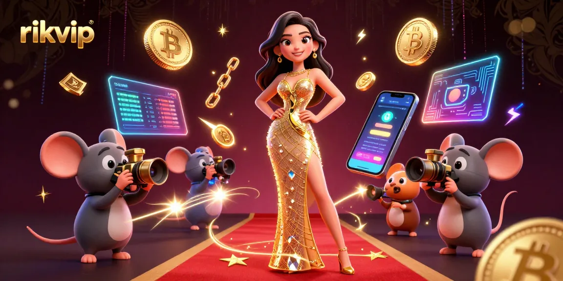 Play exciting games on rikvip with a stunning woman and vibrant crypto elements surrounding her.