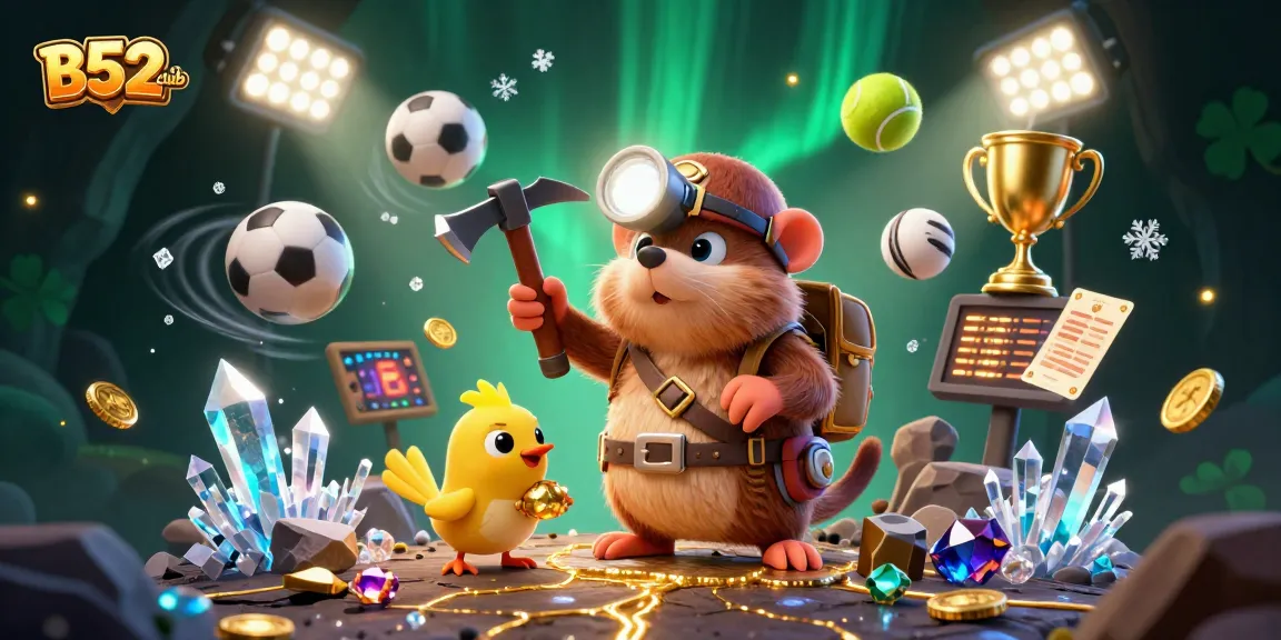 B52club showcases a vibrant gaming scene filled with treasures, sports elements, and dynamic characters.