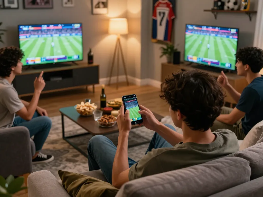 VSBET user placing bets on exciting sports events through a smartphone, showcasing a lively home sports betting atmosphere