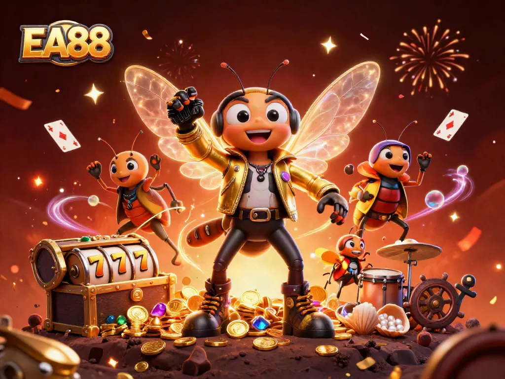 EA88 showcases thrilling 3D casino elements with vibrant rock star characters celebrating amidst riches and treasures.