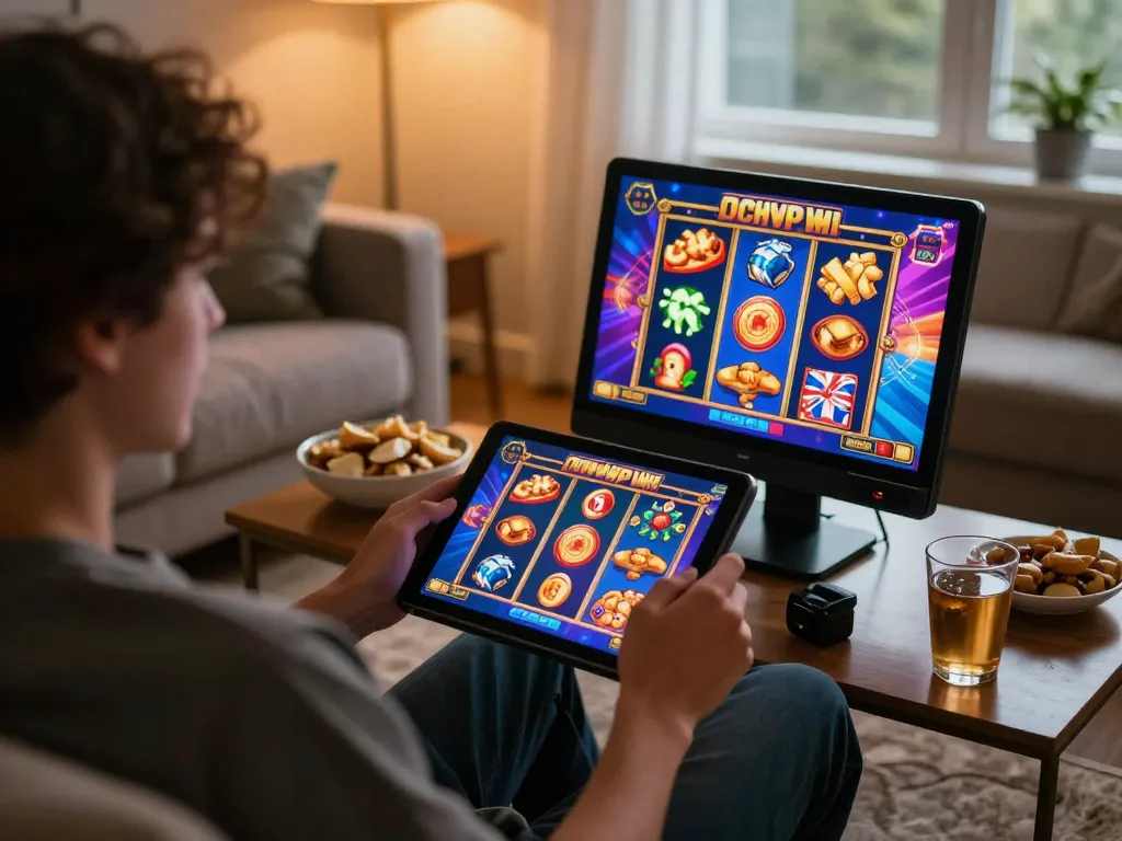 Pemain yang terlibat menikmati slot online di tablet dalam lingkungan rumah yang nyaman dengan grafik yang cerah.