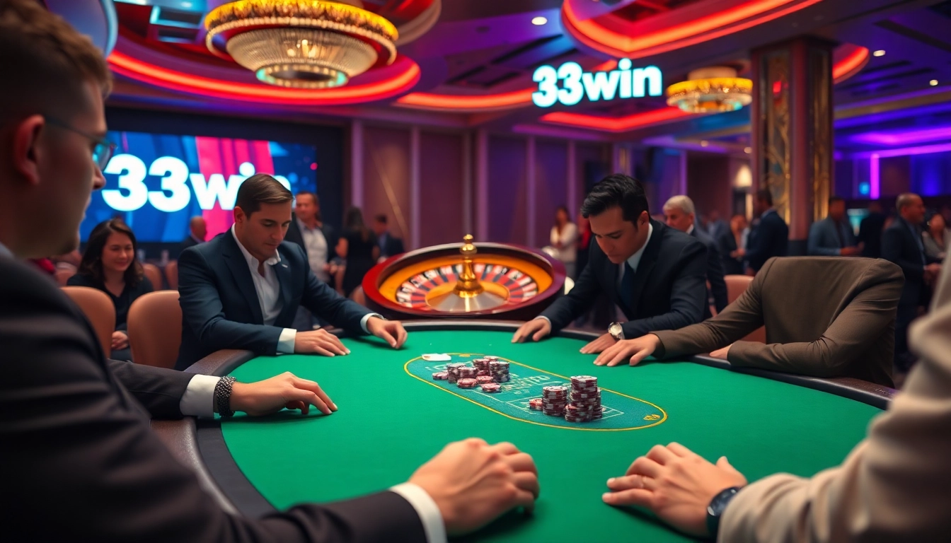 Excited players enjoy poker at 33win's luxurious casino tables under vibrant lighting.