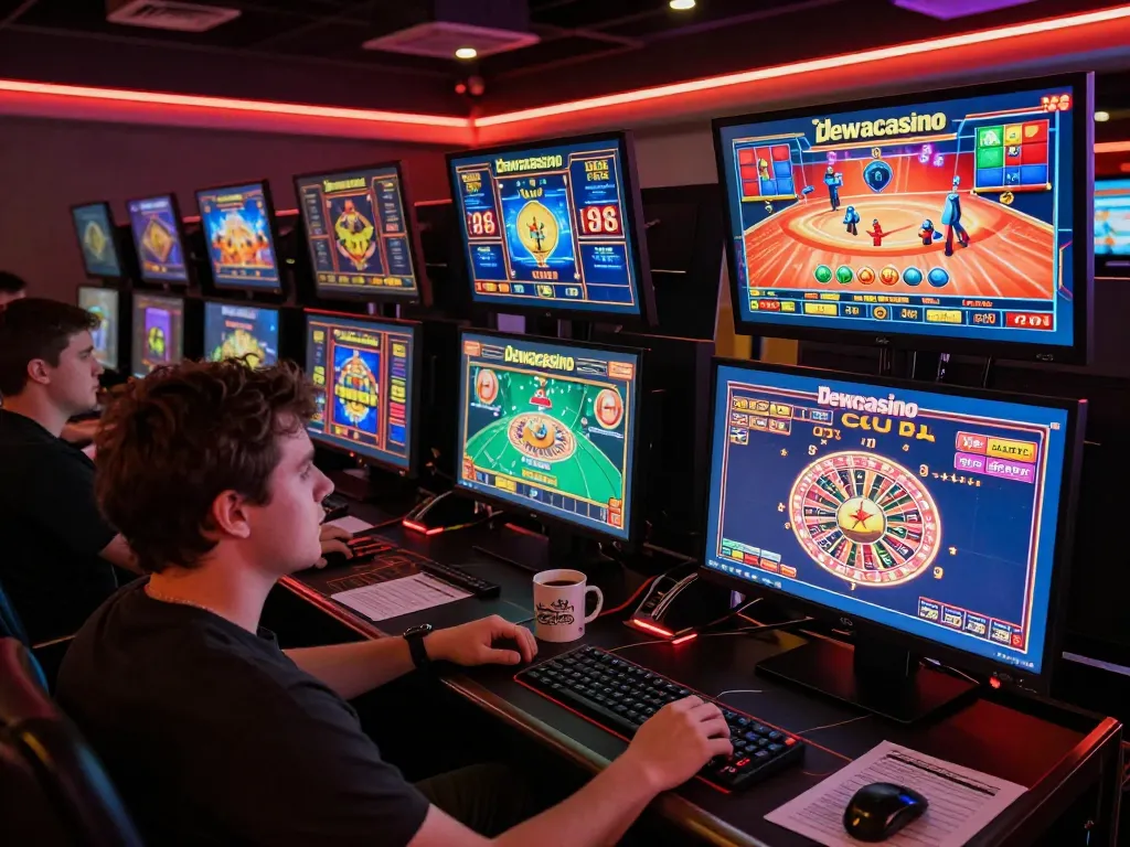 Dewacasino gaming excitement with player engaging in online slots and blackjack gameplay at a modern desk