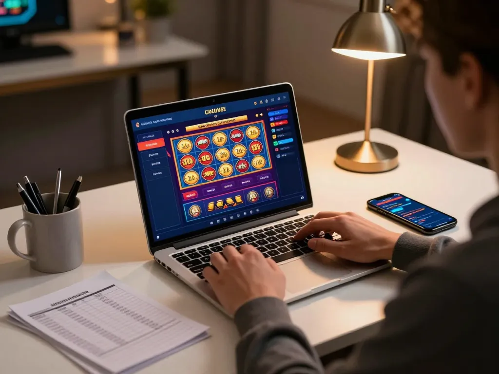 Engaging online gaming scene for jun88 đăng nhập showcasing a player on a laptop with casino app open.