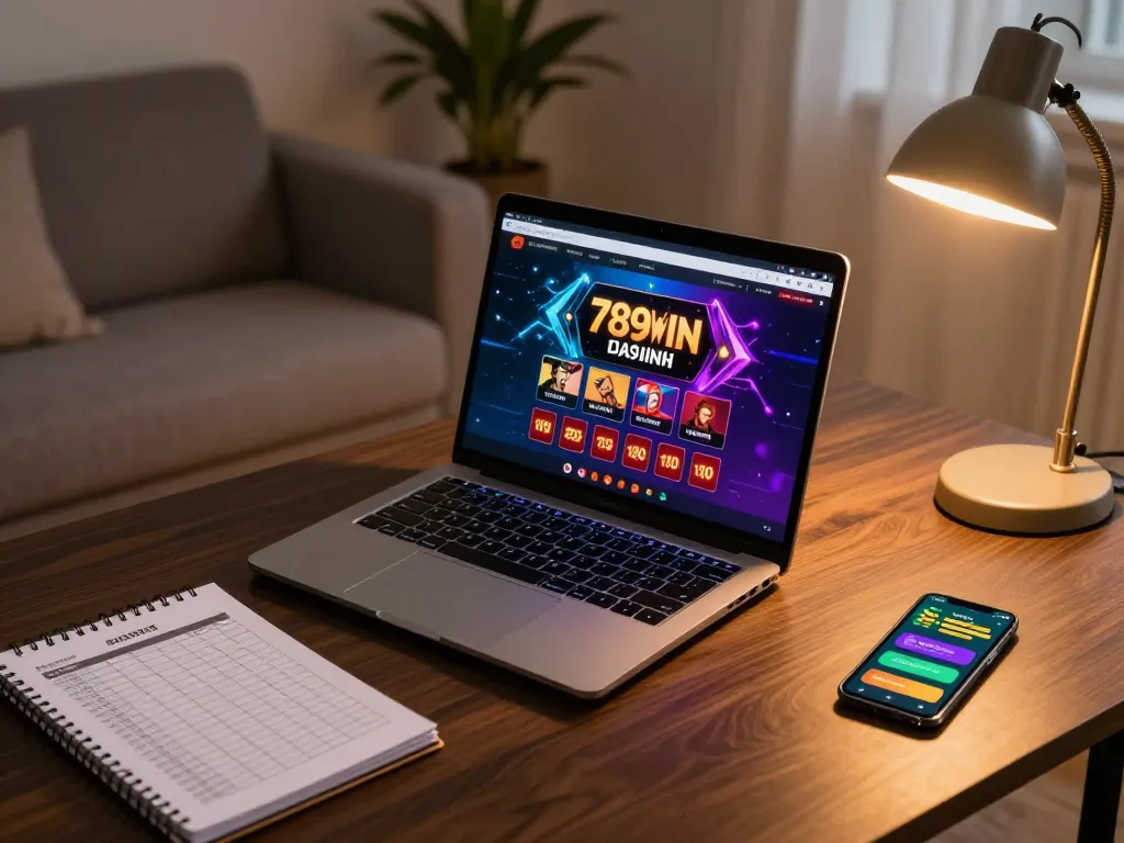 Engaging online gaming setup showing 789WIN app on a laptop, highlighting strategic gambling elements.