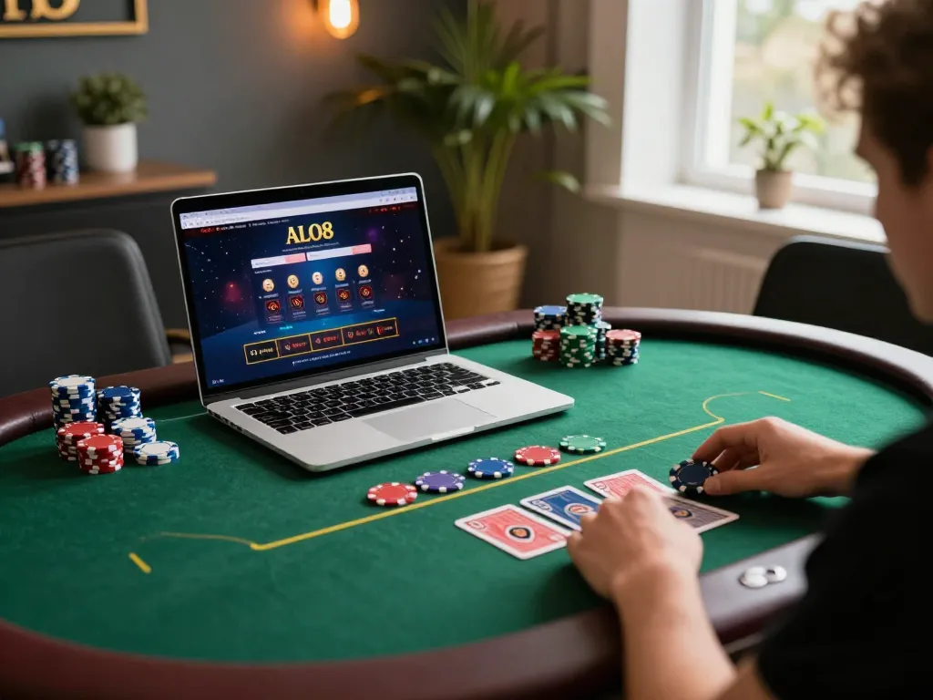Engaging in online gambling at trang chủ alo8 with vibrant poker game interface and colorful chips.