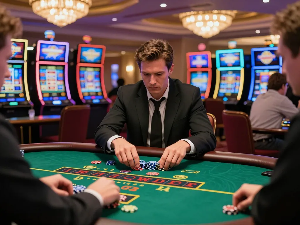 BL555 players making strategic bets at blackjack tables in a lively casino atmosphere.